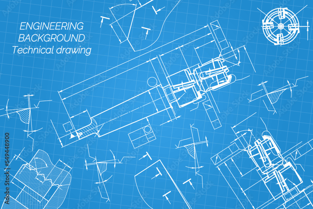 Mechanical engineering drawings on blue background. Tap tools, borer. Technical Design. Cover. Blueprint. Vector illustration. Mechanical engineering drawings on blue background. Tap tools, borer. Technical Design. Cover. Blueprint. Vector illustration.