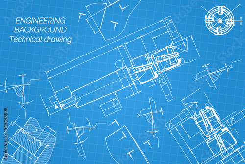 Mechanical engineering drawings on blue background. Tap tools, borer. Technical Design. Cover. Blueprint. Vector illustration.