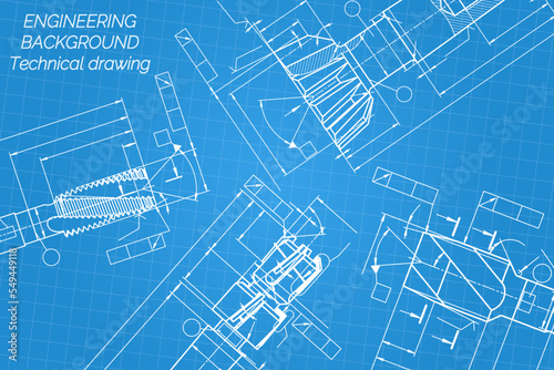 Mechanical engineering drawings on blue background. Tap tools, borer. Technical Design. Cover. Blueprint. Vector illustration.