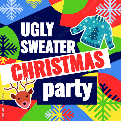 Bright creative Christmas card, ugly sweaters christmas party. Vector illustration of a poster or cover for a party, holiday invitation or greeting and happy new year