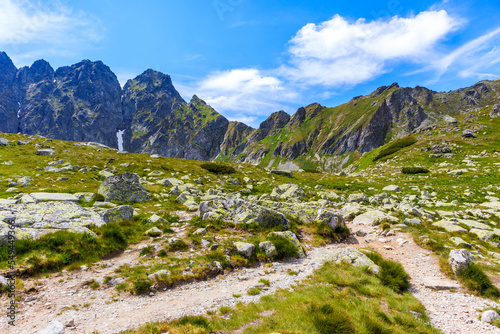 Hiking path in Hinczowa valley on sunny summer day, High Tatra Mountains, Slovakia