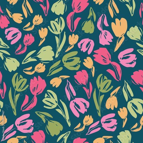 Cute summer, spring, hand drawn, seamless print, conversational pattern, colorful, ditsy, random, fading doodle flowers, stems, petals, girls, women, fabric, tshirt, packaging, textile, fabric, kids