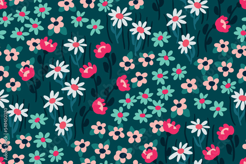 Wallpaper Mural Seamless floral pattern, liberty ditsy print with cute meadow. Pretty flower design with small hand drawn flowers: daisies, daisies, tiny leaves on a blue background. Vector botanical illustration. Torontodigital.ca