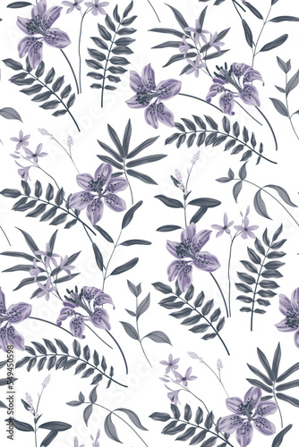 Fototapeta Naklejka Na Ścianę i Meble -  Seamless floral pattern, tropical botanical print in vintage style. Elegant flower design in limited spike. Hand drawn exotic flowers, large lilies, leaves on a white background. Vector illustration.