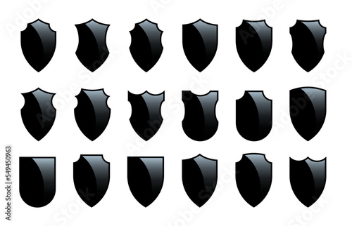 Black shields of different shapes, mirror light effect set, 3d antivirus security emblem
