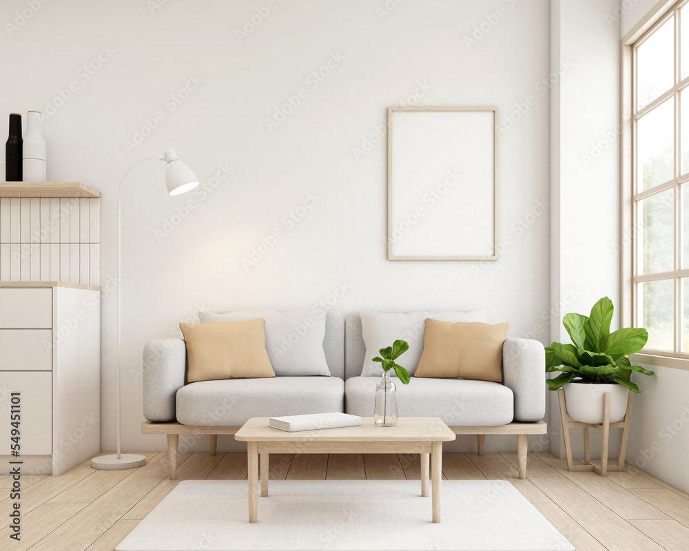 Japandi style living room decorated with minimalist sofa and chair, white  wall and picture frame. 3d rendering Stock-Illustration | Adobe Stock
