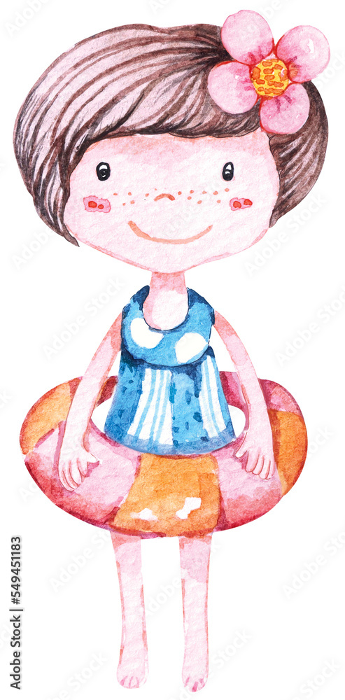 Girl and swimming ring.Girl holding inflatable ring.for summer sea and beach.Cartoon kid swimming