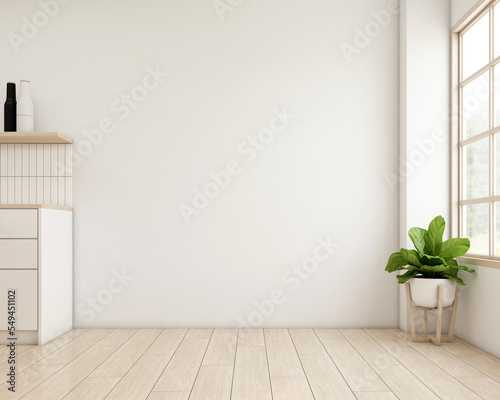 Fototapeta Naklejka Na Ścianę i Meble -  Japandi style empty room decorated with white wall and wood floor. 3d rendering