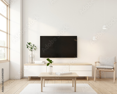 Japandi style living room decorated with minimalist tv cabinet. 3d rendering