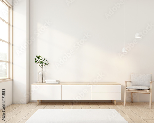 Japandi style living room decorated with minimalist tv cabinet. 3d rendering