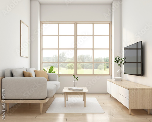 Japandi style living room decorated with minimalist sofa and tv cabinet. 3d rendering