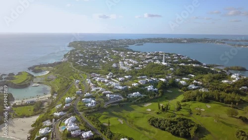The drone aerial footage of  the Gibbs hill lighthouse and south coast of Bermuda island.
