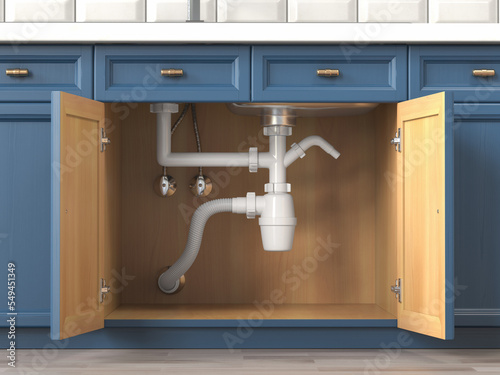 Photos Siphon and pipes under the sink in the kitchen.