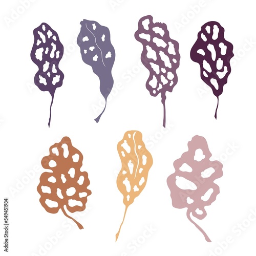 Set of silhouettes of leaves on a white isolated background. Stylized leaves with holes. Purple, lilac, yellow, beige leaves.