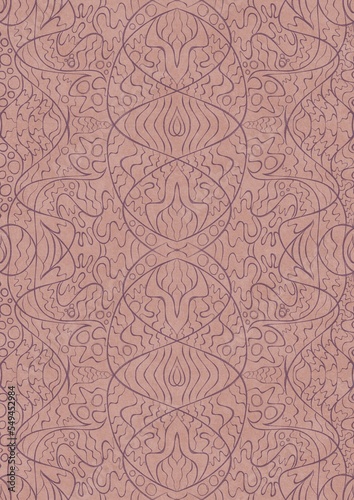 Hand-drawn abstract seamless ornament. Purple on a pale pink background. Paper texture. Digital artwork, A4. (pattern: p02-2d) © Maria