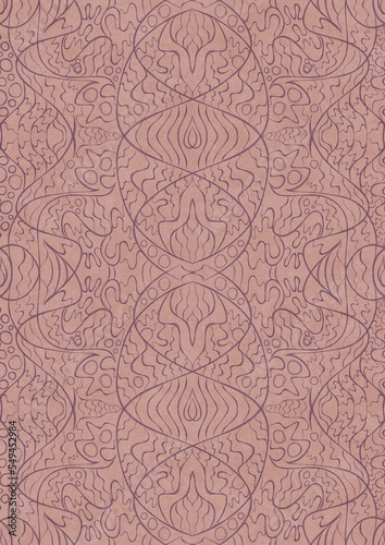 Hand-drawn abstract seamless ornament. Purple on a pale pink background. Paper texture. Digital artwork, A4. (pattern: p02-2d)