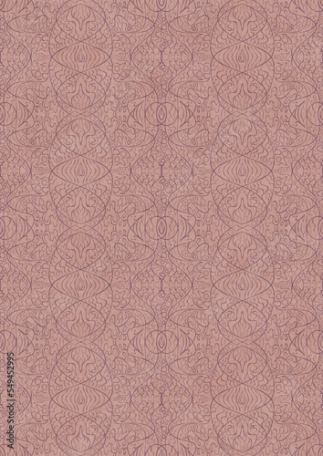 Hand-drawn abstract seamless ornament. Purple on a pale pink background. Paper texture. Digital artwork, A4. (pattern: p02-2e)