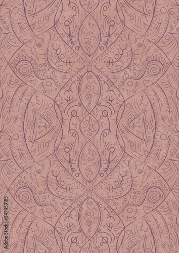 Hand-drawn abstract seamless ornament. Purple on a pale pink background. Paper texture. Digital artwork, A4. (pattern: p08-2d)