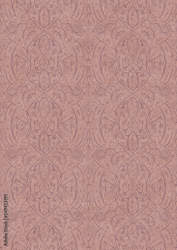 Hand-drawn abstract seamless ornament. Purple on a pale pink background. Paper texture. Digital artwork, A4. (pattern: p08-2e) © Maria