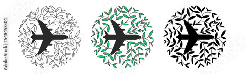 Round emblem of ecological aircraft. A symbol of the airline's concern for the environment. The plane is decorated with sprouts, twigs, leaves.