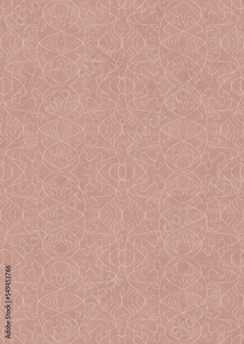 Hand-drawn abstract seamless ornament. Light semi transparent pale pink on a pale pink background. Paper texture. Digital artwork, A4. (pattern: p02-1e)