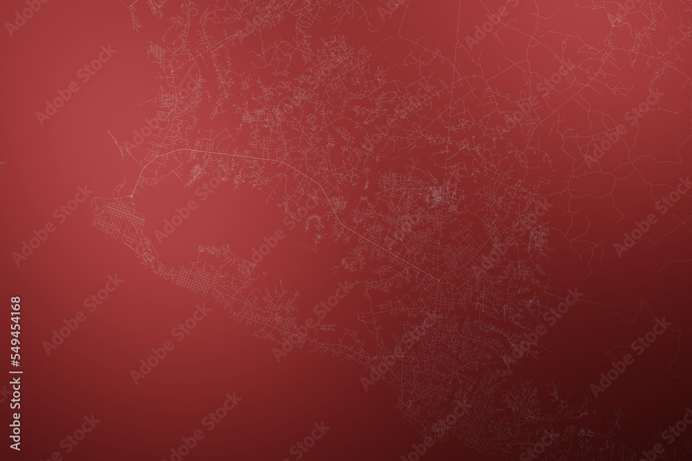 Map of the streets of Monrovia (Liberia) made with white lines on abstract red background lit by two lights. Top view. 3d render, illustration