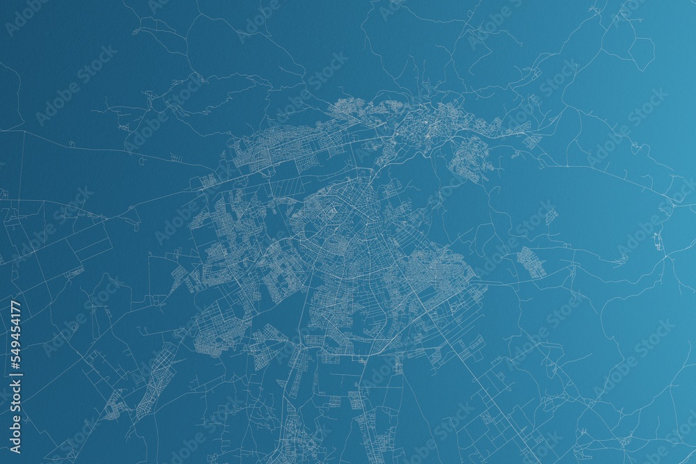 Map of the streets of Fez (Morocco) made with white lines on blue paper. Rough background. 3d render, illustration