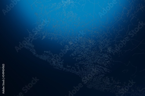 Street map of Monrovia (Liberia) engraved on blue metal background. View with light coming from top. 3d render, illustration