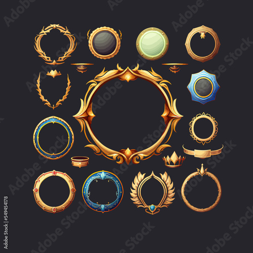 A set of colorful game level frames isolated on the background. Cartoon round user interface avatar border, circle icons of mobile game assets. Frames with colorful gemstones. Vector illustration