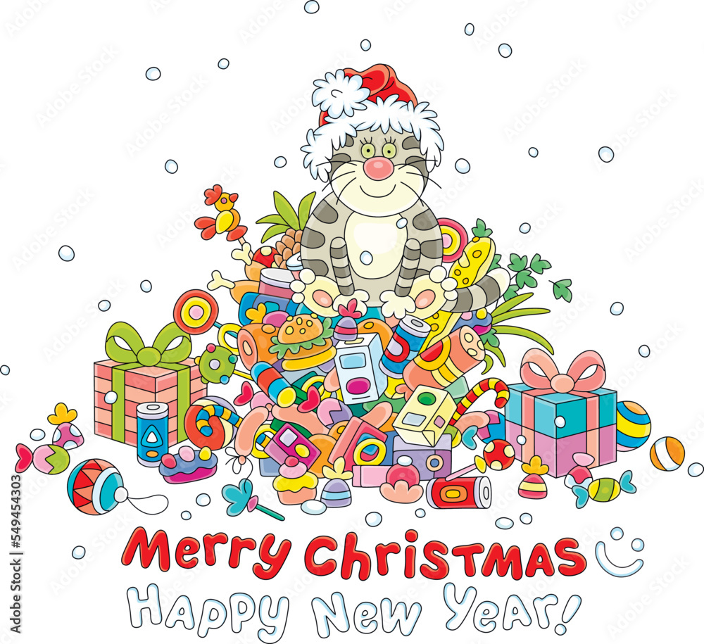 Obraz premium Happy New Year and Merry Christmas card with a funny fat cat in a Santa hat sitting on a heap of tasty food, sweets, drinks and gifts for long winter holidays, vector cartoon illustration on white