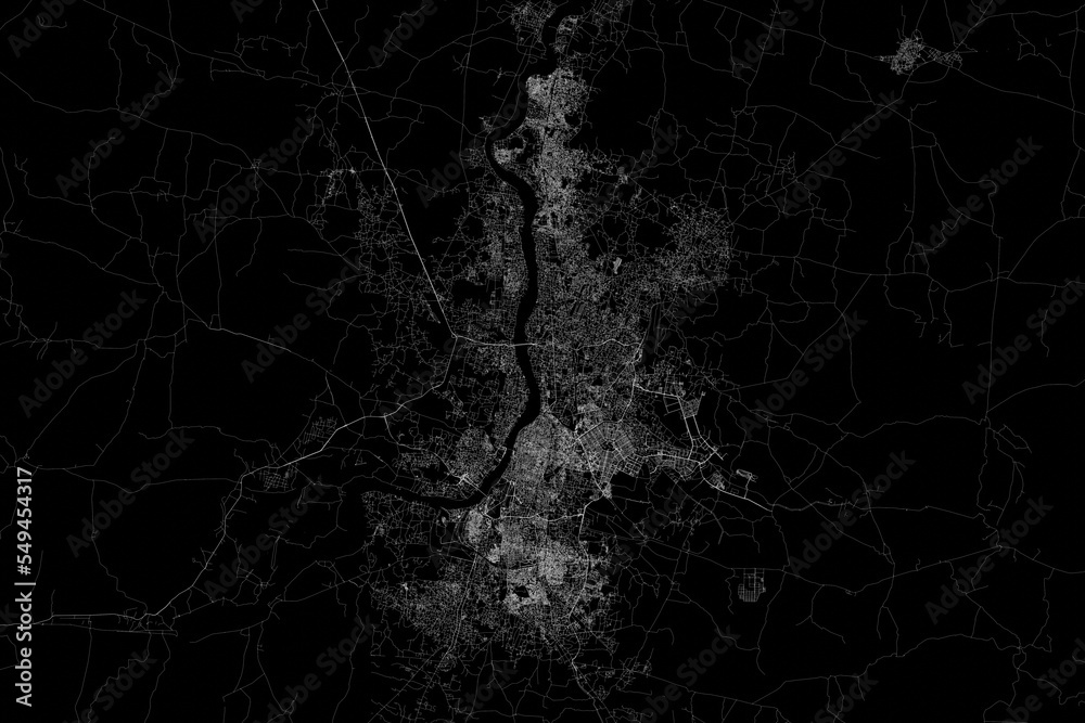 Stylized map of the streets of Kolkata (India) made with white lines on black background. Top view. 3d render, illustration