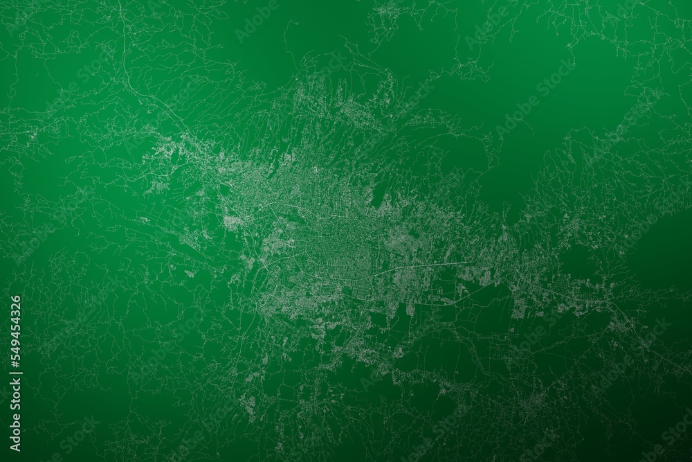 Map of the streets of Bandung (Indonesia) made with white lines on abstract green background lit by two lights. Top view. 3d render, illustration