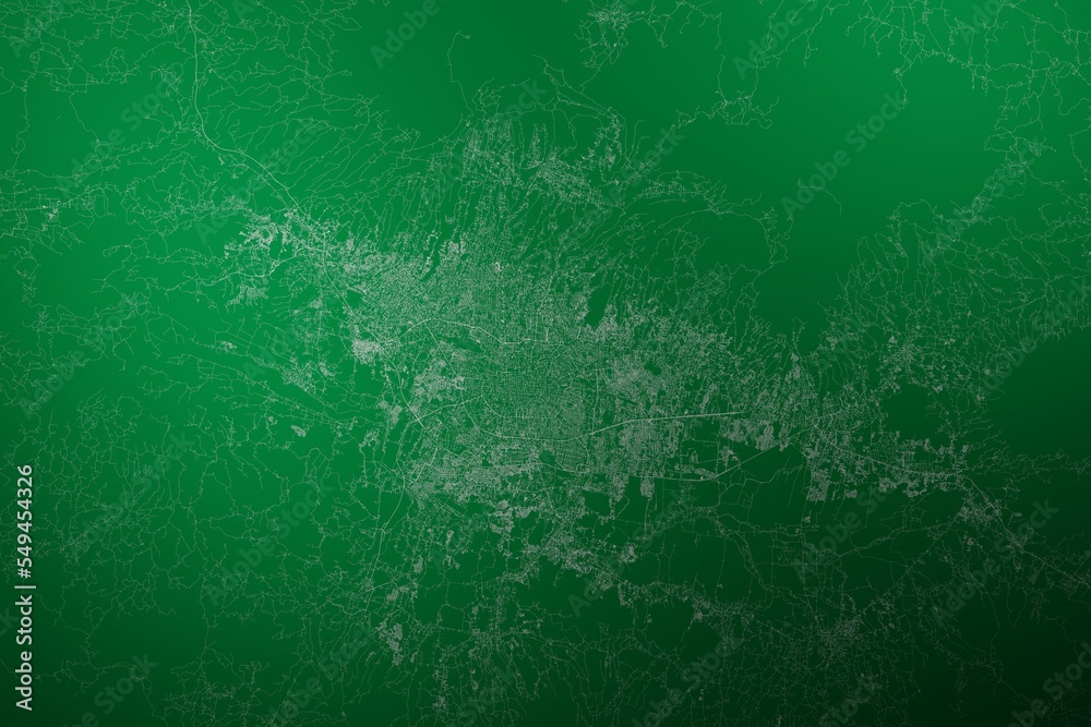 Map of the streets of Bandung (Indonesia) made with white lines on abstract green background lit by two lights. Top view. 3d render, illustration Map of the streets of Bandung (Indonesia) made with white lines on abstract green background lit by two lights. Top view. 3d render, illustration