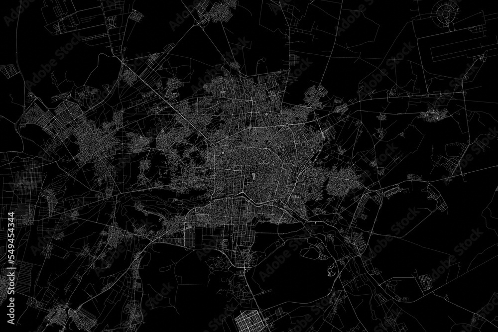 Stylized map of the streets of Isfahan (Iran) made with white lines on black background. Top view. 3d render, illustration