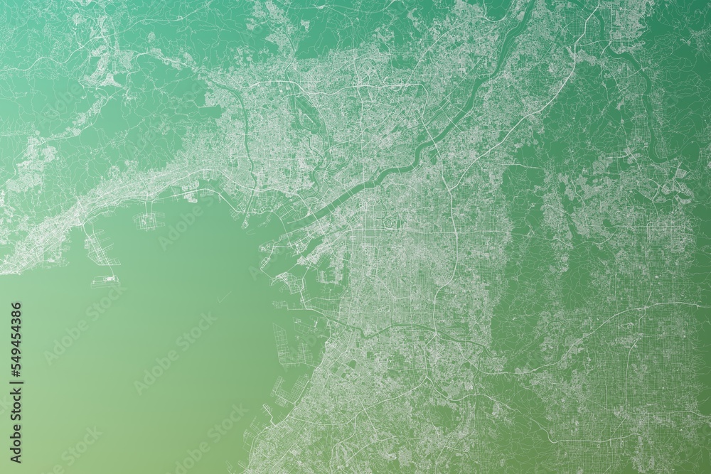 Fototapeta premium Map of the streets of Osaka (Japan) made with white lines on yellowish green gradient background. Top view. 3d render, illustration
