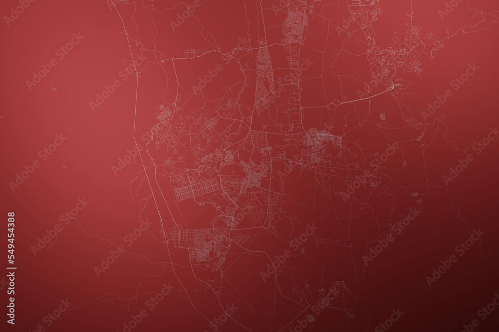 Map of the streets of Naypyidaw (Myanmar) made with white lines on abstract red background lit by two lights. Top view. 3d render, illustration