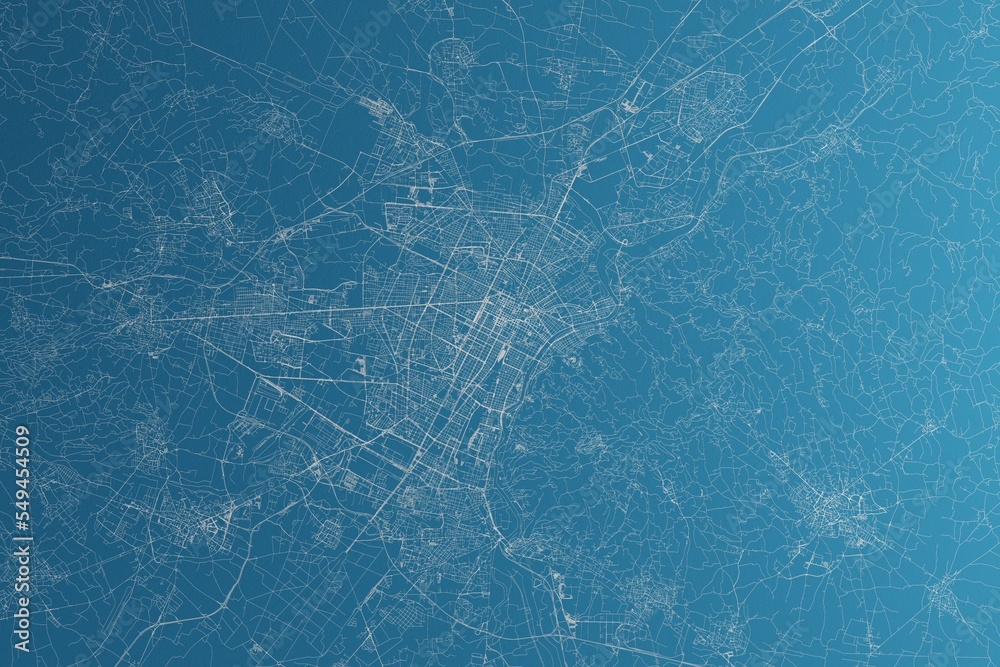 Map of the streets of Turin (Italy) made with white lines on blue paper. Rough background. 3d render, illustration
