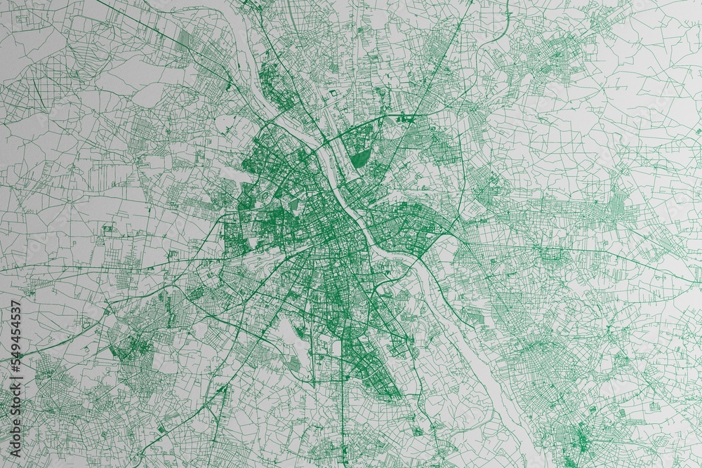 Map of the streets of Warsaw (Poland) made with green lines on white paper. 3d render, illustration - obrazy, fototapety, plakaty 