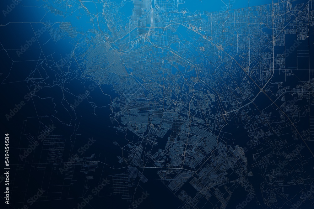 Street map of Ciudad Juarez (Mexico) engraved on blue metal background. View with light coming from top. 3d render, illustration