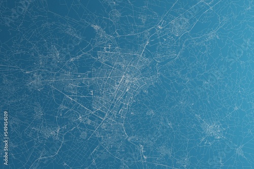 Map of the streets of Turin (Italy) made with white lines on blue paper. Rough background. 3d render, illustration