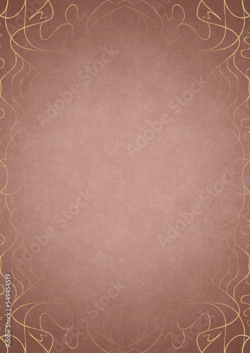 Pale pink textured paper with vignette of golden hand-drawn pattern on a darker background color. Copy space. Digital artwork, A4. (pattern: p02-1d)