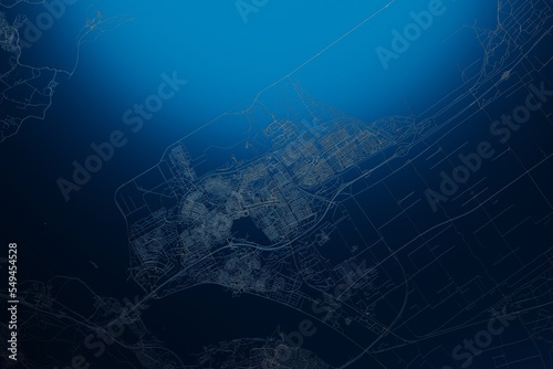 Street map of Almere (Netherlands) engraved on blue metal background. View with light coming from top. 3d render, illustration