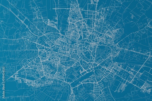 Map of the streets of Lublin (Poland) made with white lines on blue background. 3d render, illustration