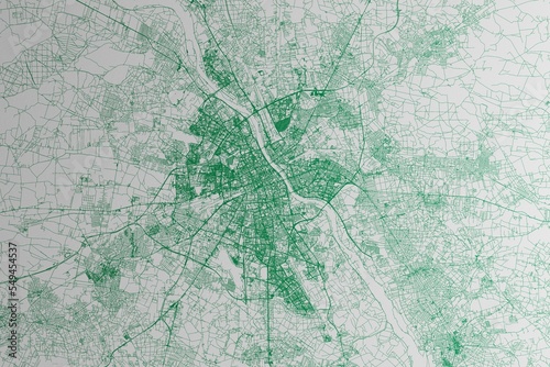 Map of the streets of Warsaw (Poland) made with green lines on white paper. 3d render, illustration