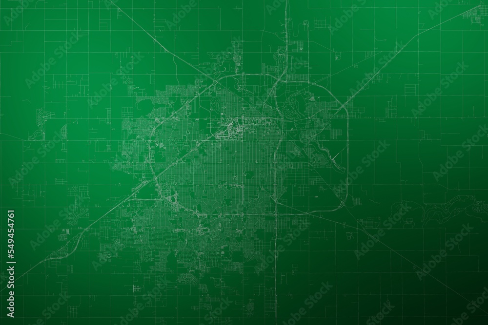 Map of the streets of Lubbock (Texas, USA) made with white lines on abstract green background lit by two lights. Top view. 3d render, illustration Map of the streets of Lubbock (Texas, USA) made with white lines on abstract green background lit by two lights. Top view. 3d render, illustration