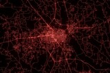 Street map of Jackson (Mississippi, USA) made with red illumination and glow effect. Top view on roads network. 3d render, illustration