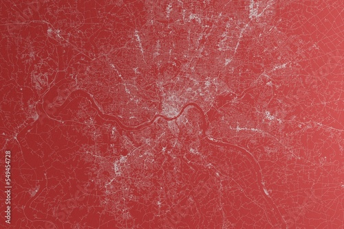 Map of the streets of Cincinnati (Ohio, USA) made with white lines on red paper. Top view, rough background. 3d render, illustration