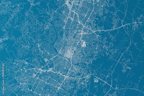 Map of the streets of Austin (Texas, USA) made with white lines on blue background. 3d render, illustration