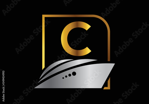 Letter C with the ship, cruise, or boat logo design template, icon sign symbol ocean waves vector illustration.