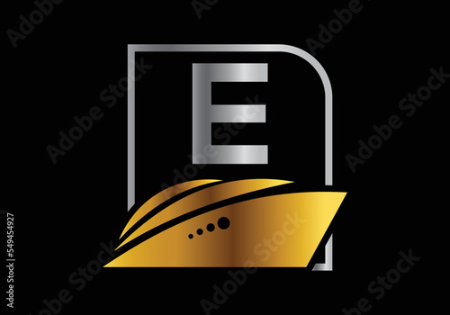 Letter E with the ship, cruise, or boat logo design template, icon sign symbol ocean waves vector illustration.